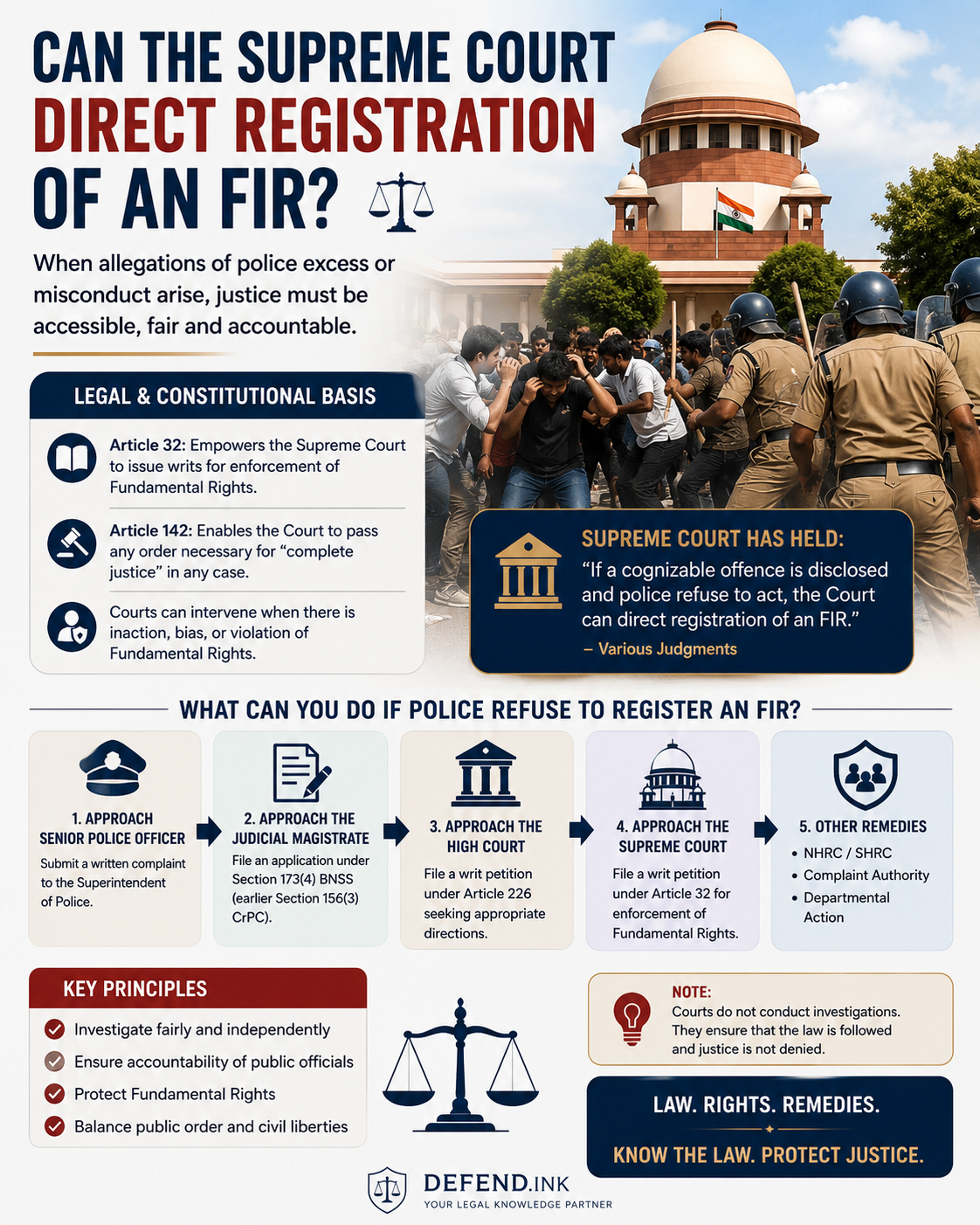 ⚖️ If allegations of excessive police force arise during a protest, what legal remedies are available?