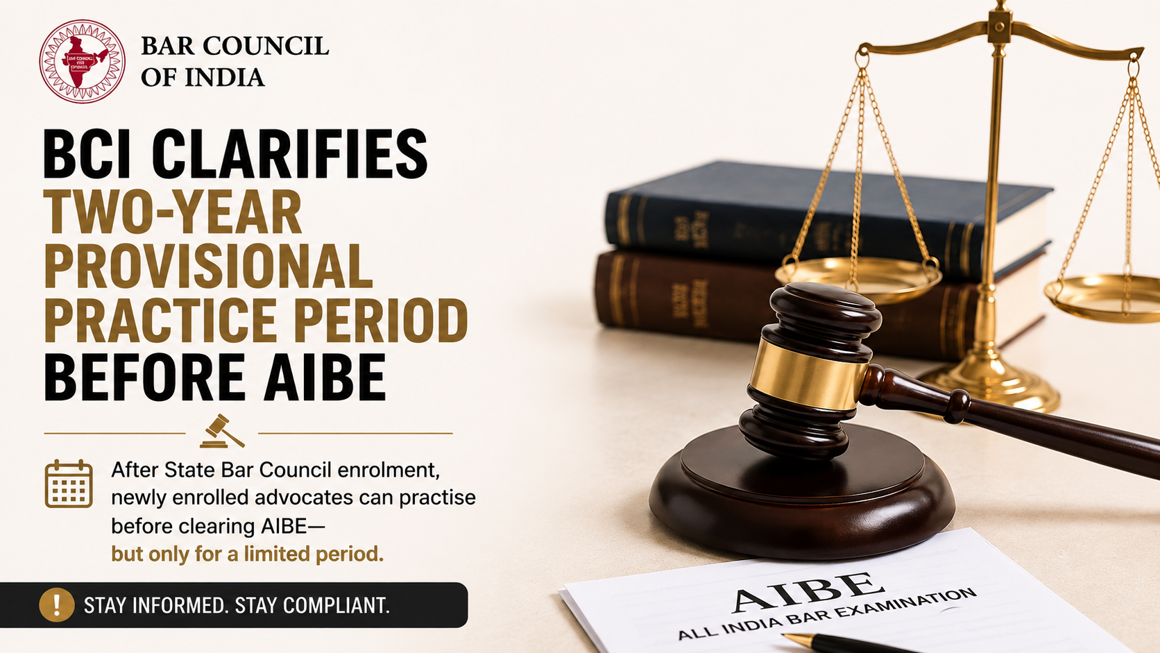 ⚖️ BCI Clarifies the Two-Year Provisional Practice Period Before AIBE: What Every Law Graduate Should Know
